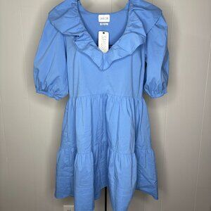 NEW Saylor Zerina‎ Morning Glory Blue Womens Mini Dress M Medium Puff Sleeve NWT